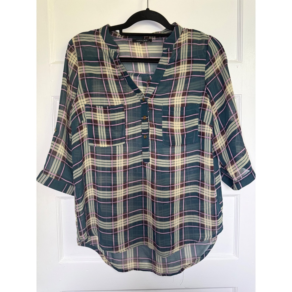 Papermoon Teal Pink Plaid Sheer Roll Tab Sleeve Blouse Medium